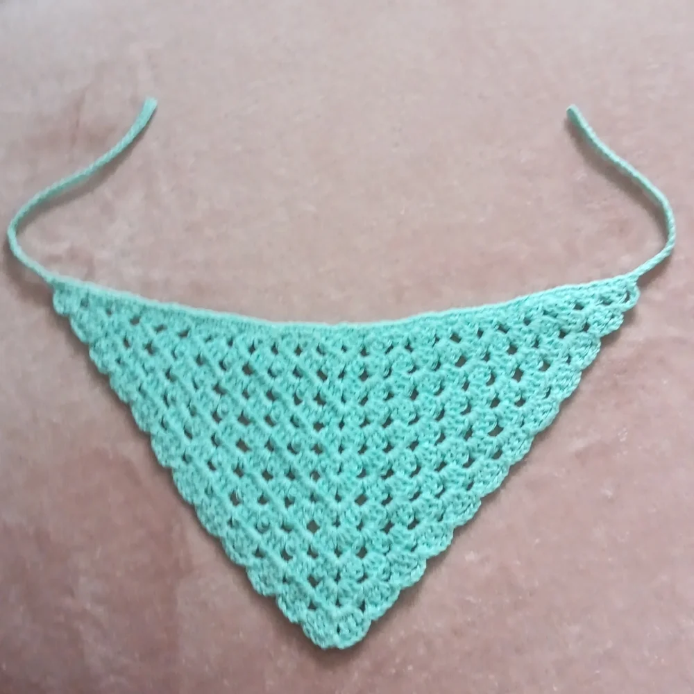 Hand Crafted Cottagecore Crochet Aqua Blue Triangle Head Kerchief Bandana
